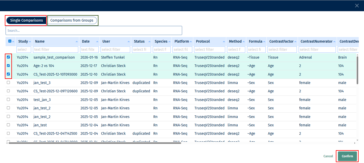 Comparisons selection table