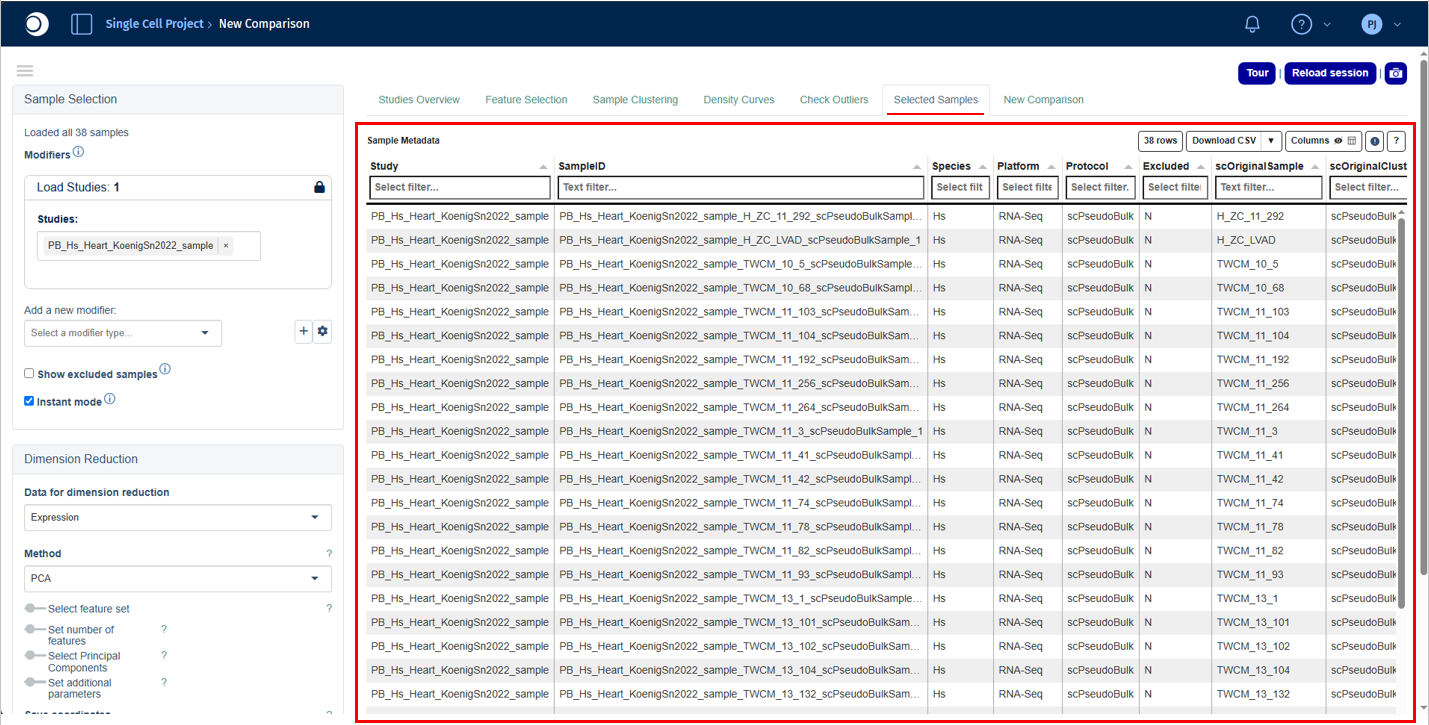 Selected Samples tab