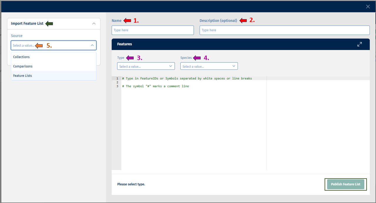 Create Feature List panel Create Feature List panel