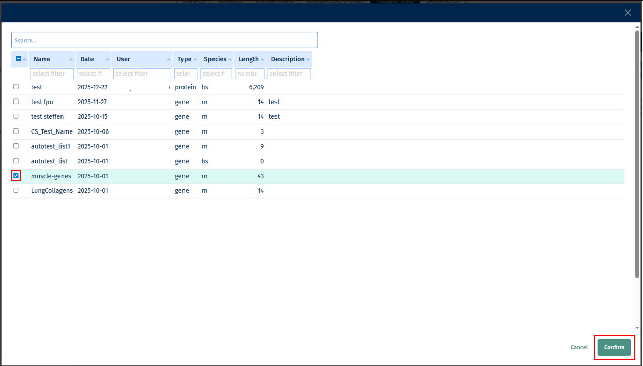 Feature Lists selection table Feature Lists selection table