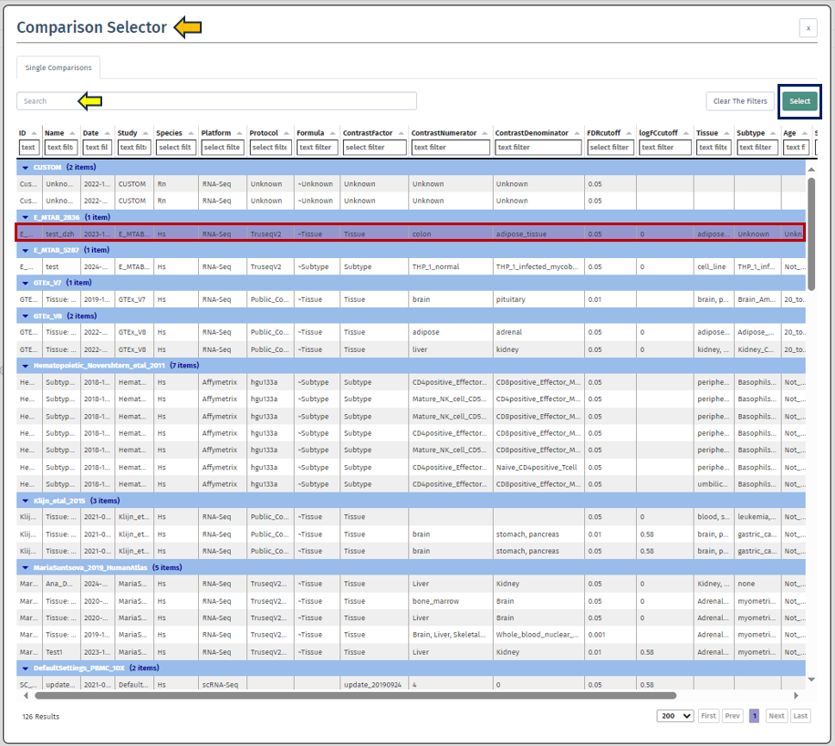 Comparison Selector Table
