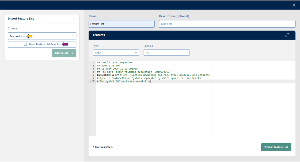 Feature Lists option Feature Lists option