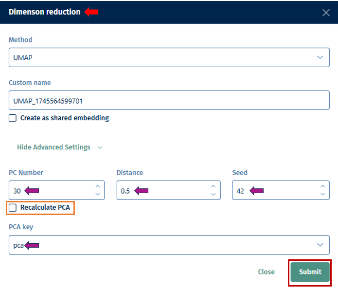 Dimension reduction advance options